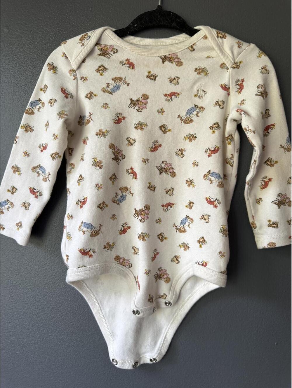 Ralph Lauren Cream Long Sleeve Baby Bodysuit with Teddy Bear Print